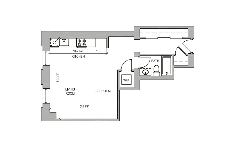 HC201 - Studio floorplan layout with 1 bath and 500 square feet.