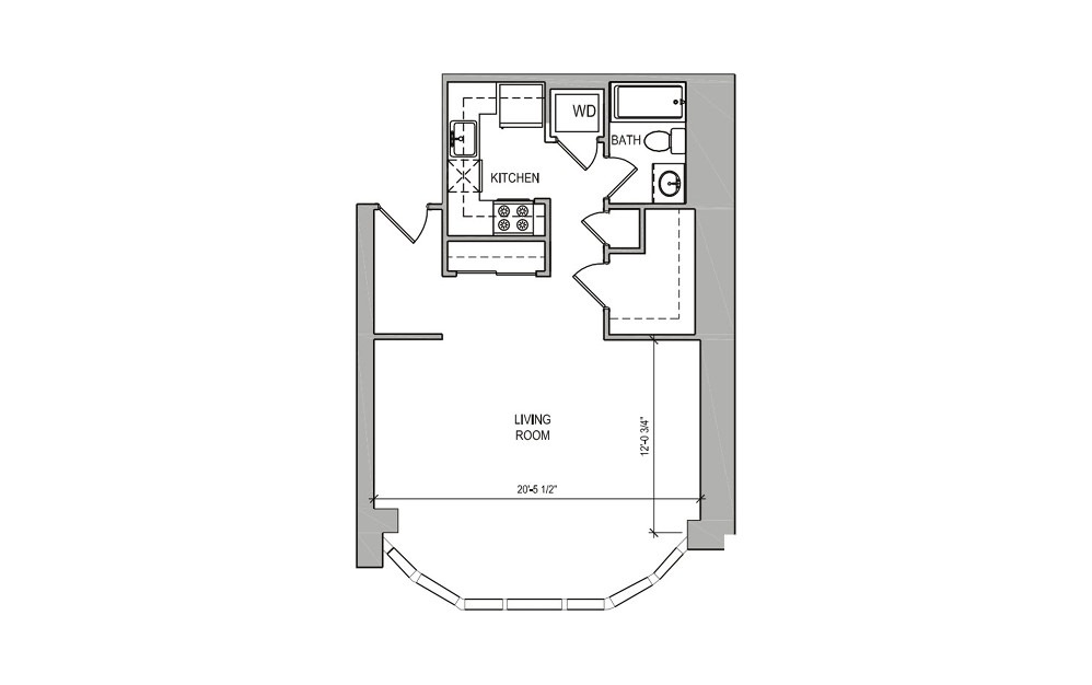 HC204 - Studio floorplan layout with 1 bath and 580 square feet.