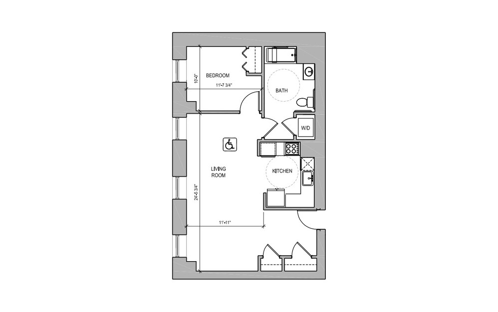 HC303 - 1 bedroom floorplan layout with 1 bath and 695 square feet.