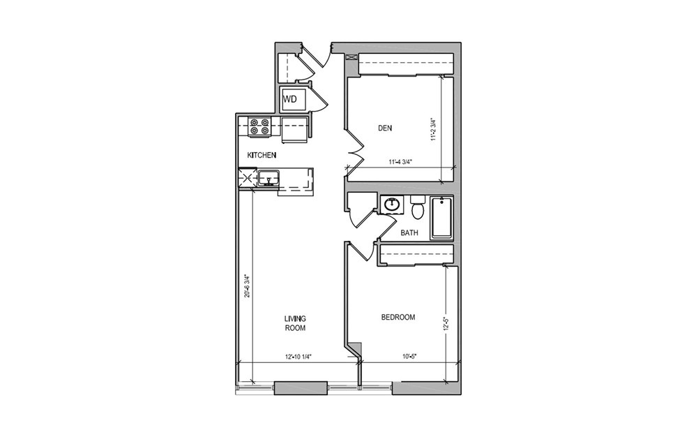 HC-12 One Bedroom/Den - 1 bedroom floorplan layout with 1 bath and 812 square feet.