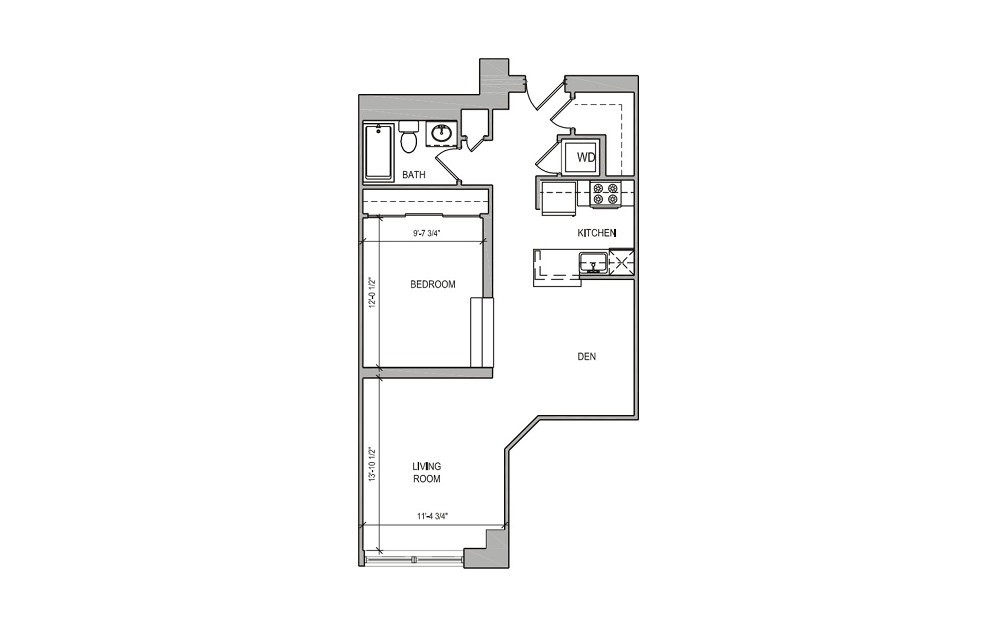 HC-14 Studio/Alcove - Studio floorplan layout with 1 bath and 676 square feet.