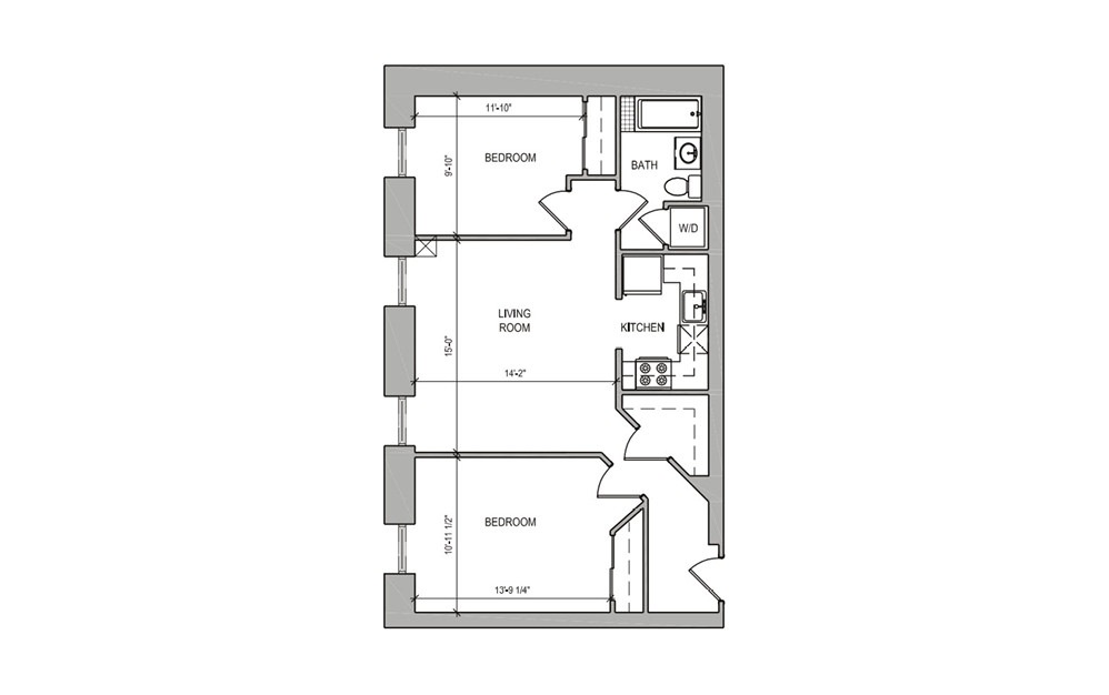 HC-03 Two Bedroom - 2 bedroom floorplan layout with 1 bath and 695 square feet.