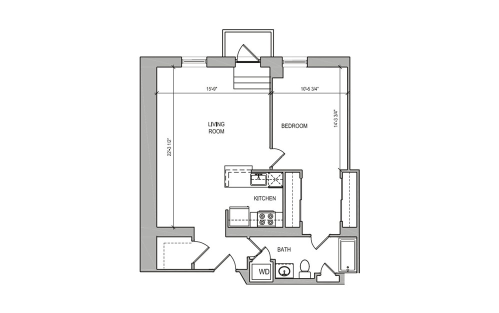 HC-07 One Bedroom - 1 bedroom floorplan layout with 1 bath and 769 square feet.