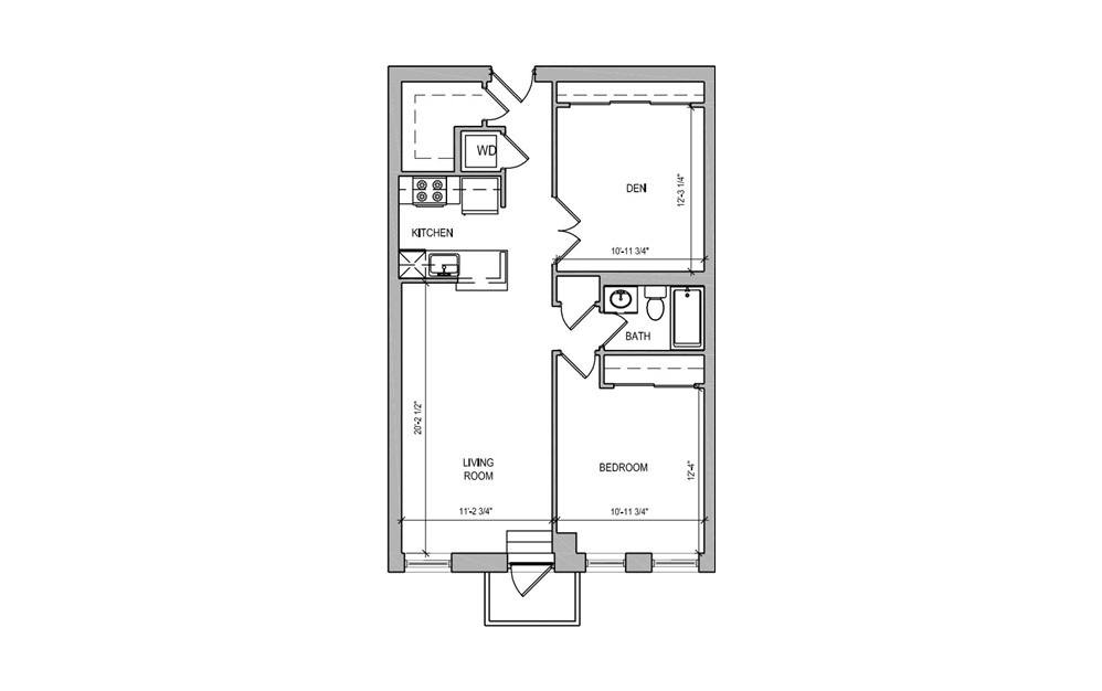 HC-08 One Bedroom/Den - 1 bedroom floorplan layout with 1 bath and 806 square feet.