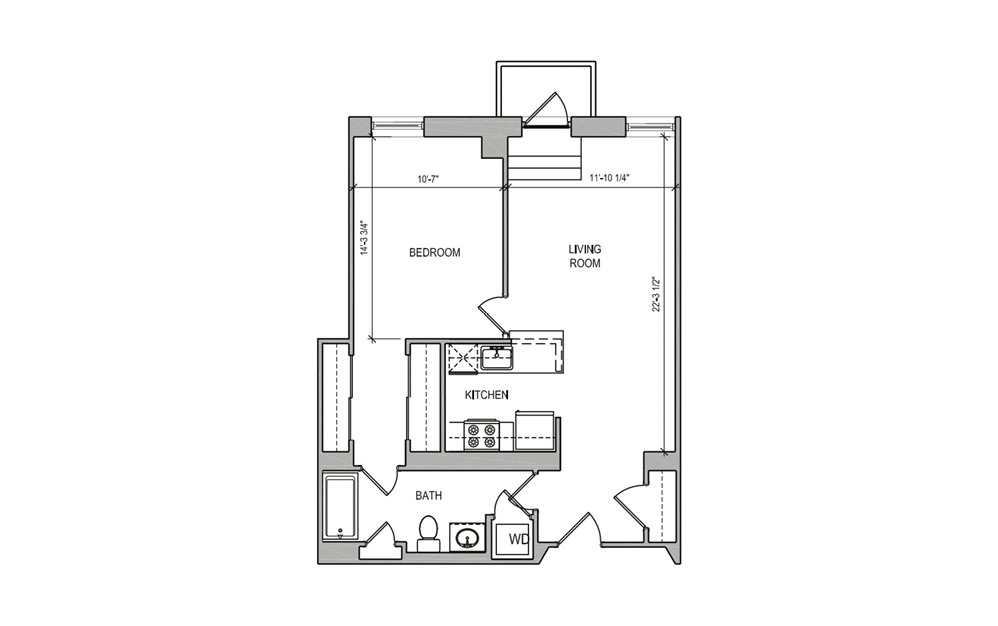 HC-11 One Bedroom - 1 bedroom floorplan layout with 1 bath and 704 square feet.