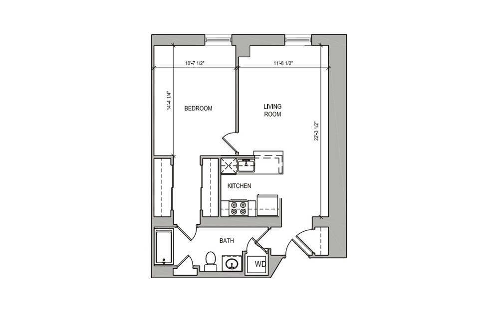 HC-15 One Bedroom - 1 bedroom floorplan layout with 1 bath and 653 square feet.