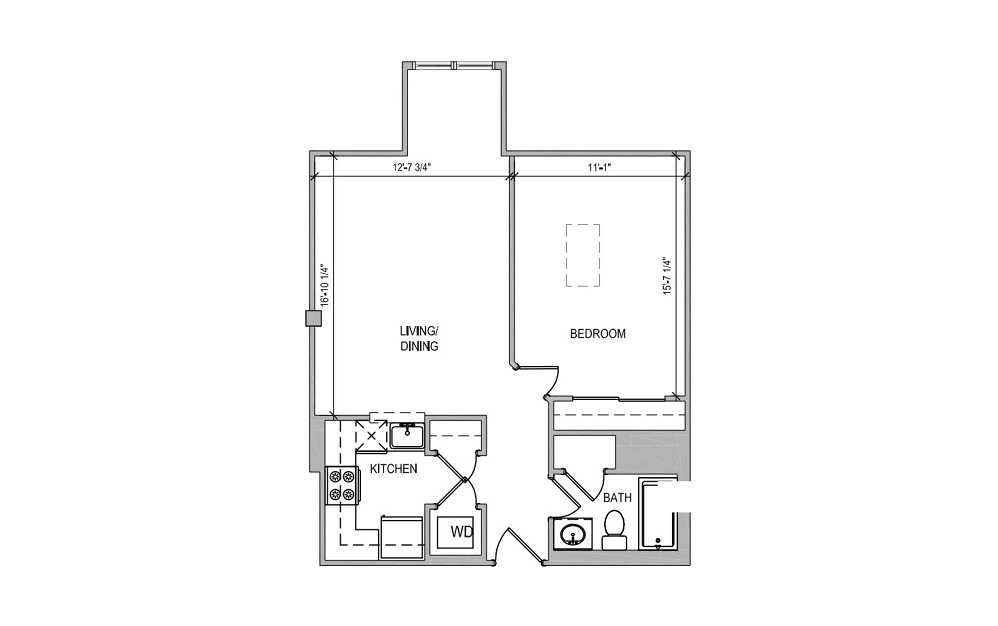 HC609 - 1 bedroom floorplan layout with 1 bath and 638 square feet.