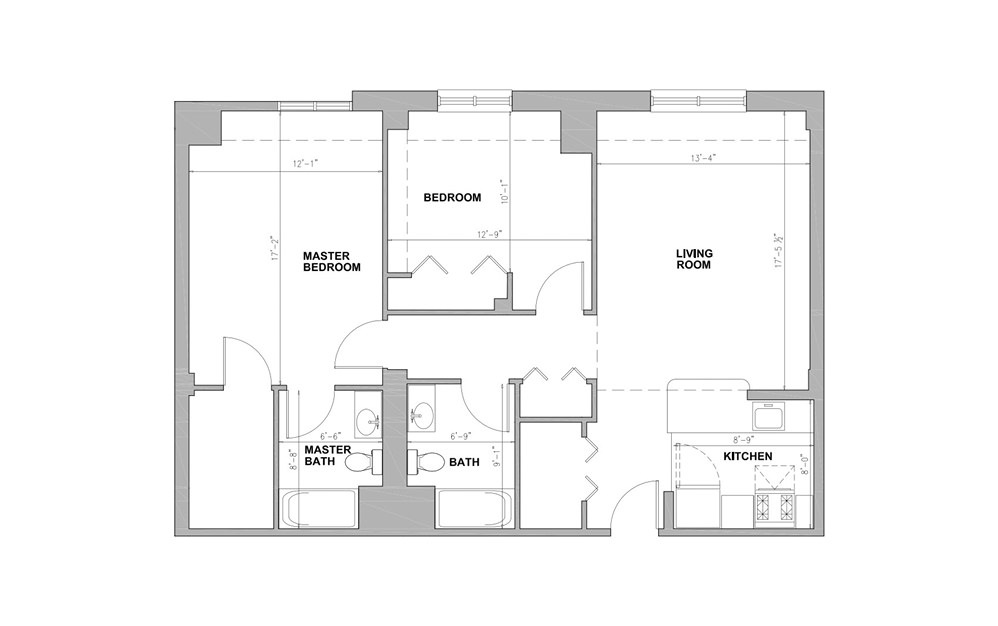 JC Blackstone Square - 2 bedroom floorplan layout with 2 baths and 1021 square feet.