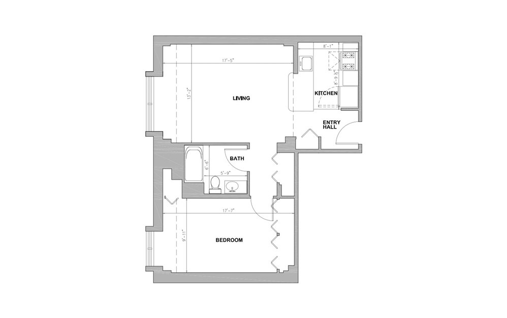 JC Rutland Square - 1 bedroom floorplan layout with 1 bath and 667 square feet.