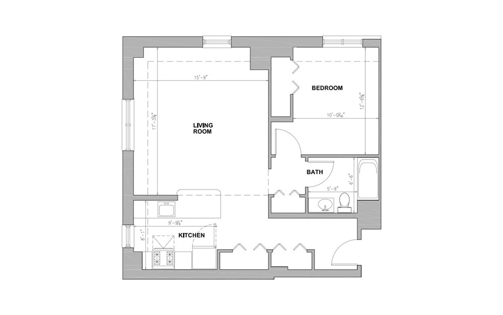 JC Worcester Square - 1 bedroom floorplan layout with 1 bath and 729 square feet.