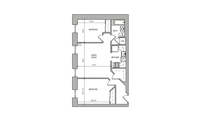 HC-03 Two Bedroom - 2 bedroom floor plan layout with 1 bathroom and 695 square feet