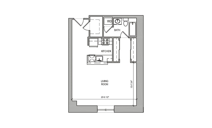 HC Studio - Studio floor plan layout with 1 bathroom and 570 square feet