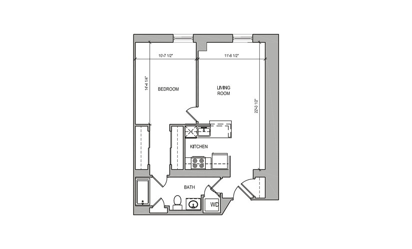 HC-15 One Bedroom - 1 bedroom floor plan layout with 1 bathroom and 653 square feet