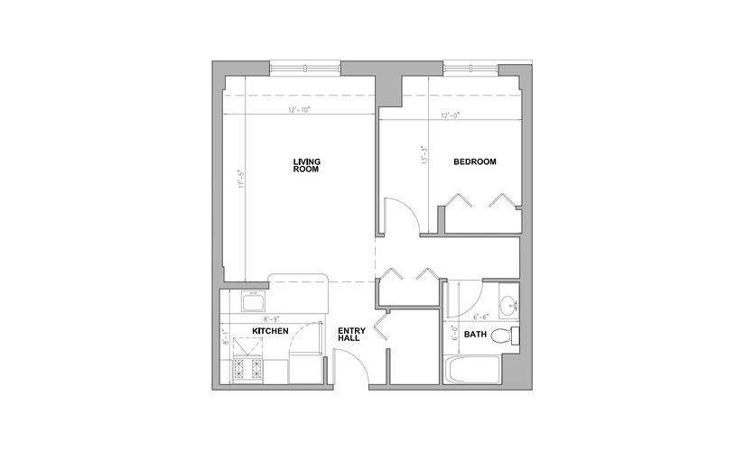 JC Union Park - 1 bedroom floor plan layout with 1 bathroom and 673 square feet